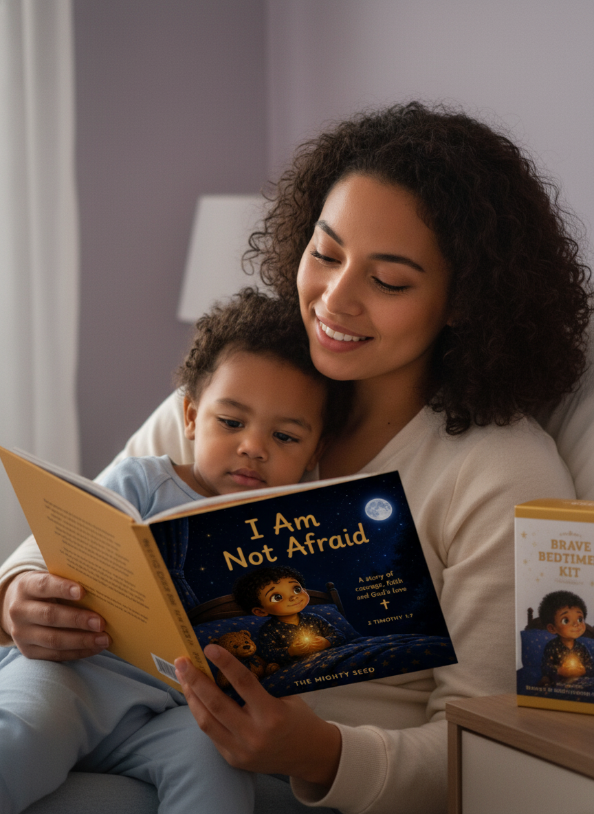 A mother gently smiles while reading the "I Am Not Afraid" bedtime storybook to her toddler in a cozy, dimly lit bedroom.