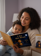 A mother gently smiles while reading the "I Am Not Afraid" bedtime storybook to her toddler in a cozy, dimly lit bedroom.