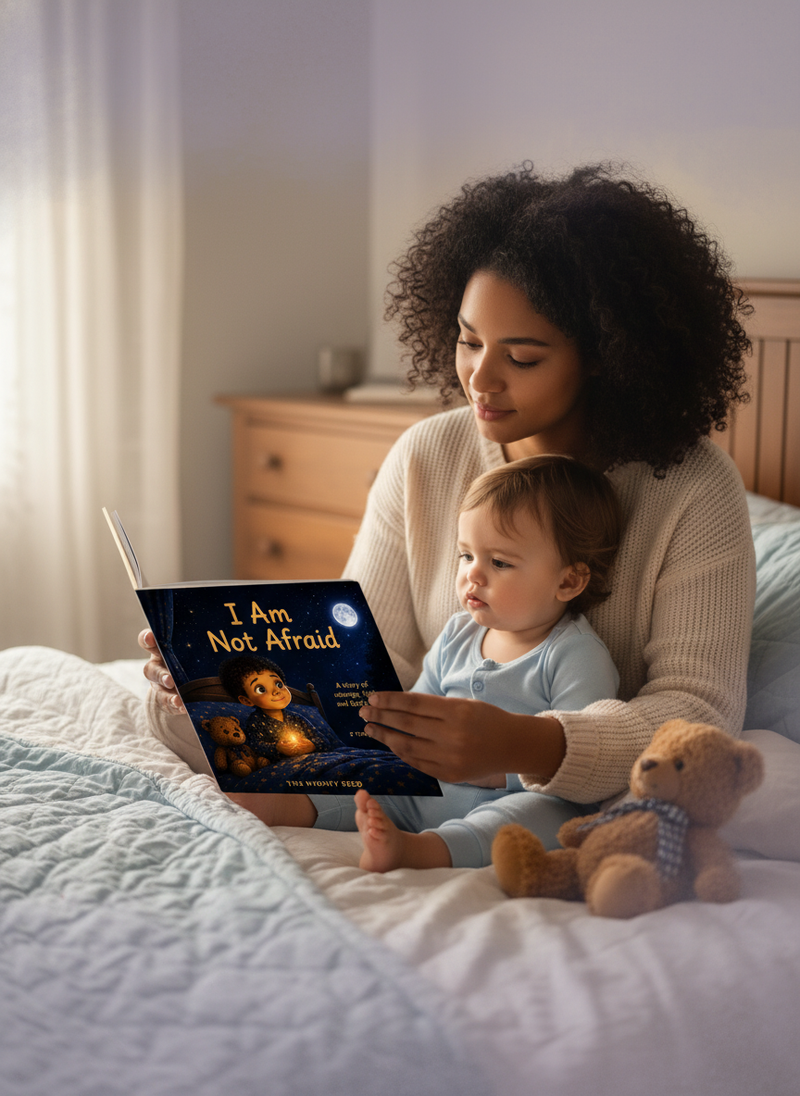 A mother gently holds the 'Brave Bedtime Kit' storybook as her toddler watches in a softly lit, cozy bedroom, conveying a pea