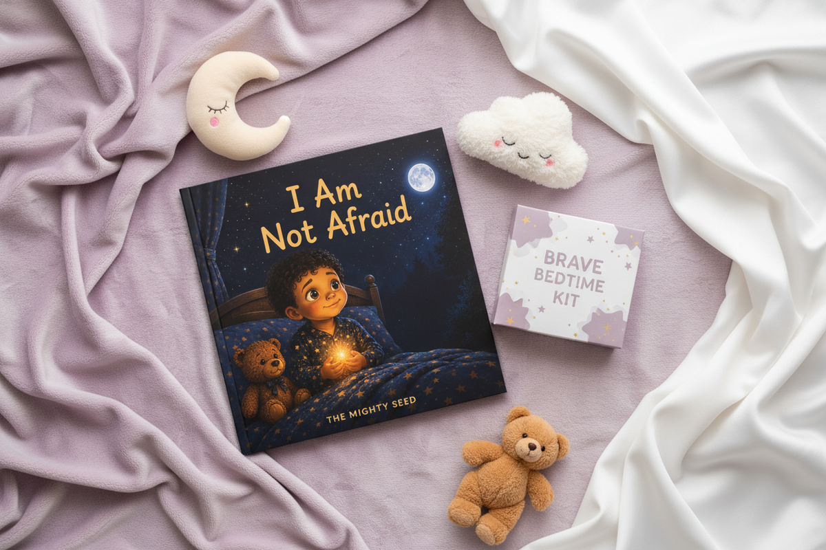 Flat lay of the Brave Bedtime Kit with an open children's storybook "I Am Not Afraid" and plush toys on a lavender blanket.